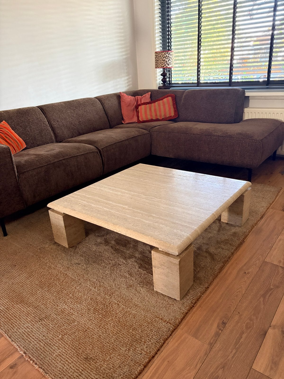 Vintage Travertin Salontafel 100x100 cm, Ophalen, Overige materialen, 100 tot 150 cm, Vierkant