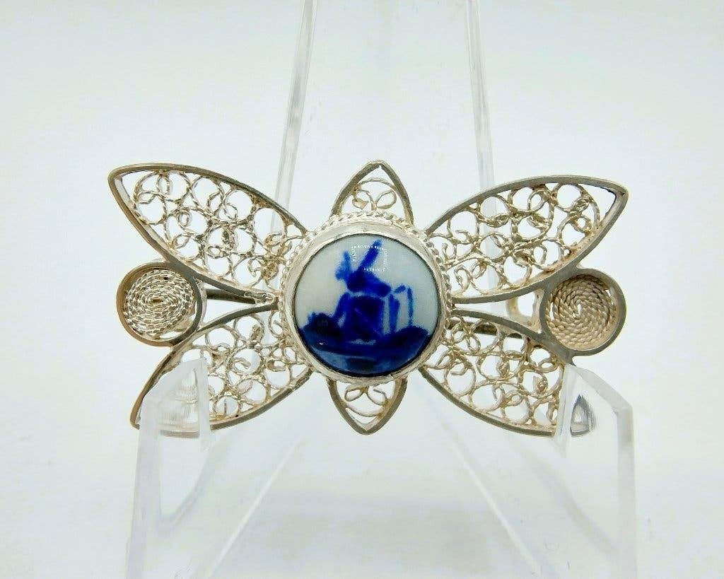 Zilveren broche, Delfts blauw, 835