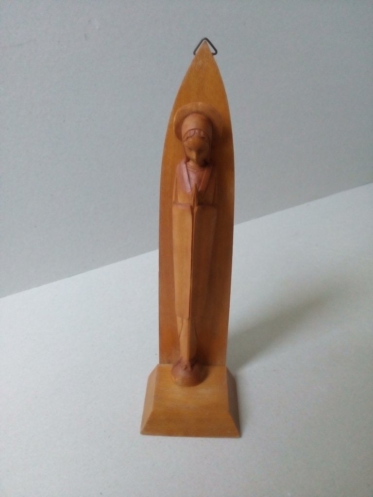 Mariabeeldje op consooltje. Art deco  Hout., Ophalen of Verzenden