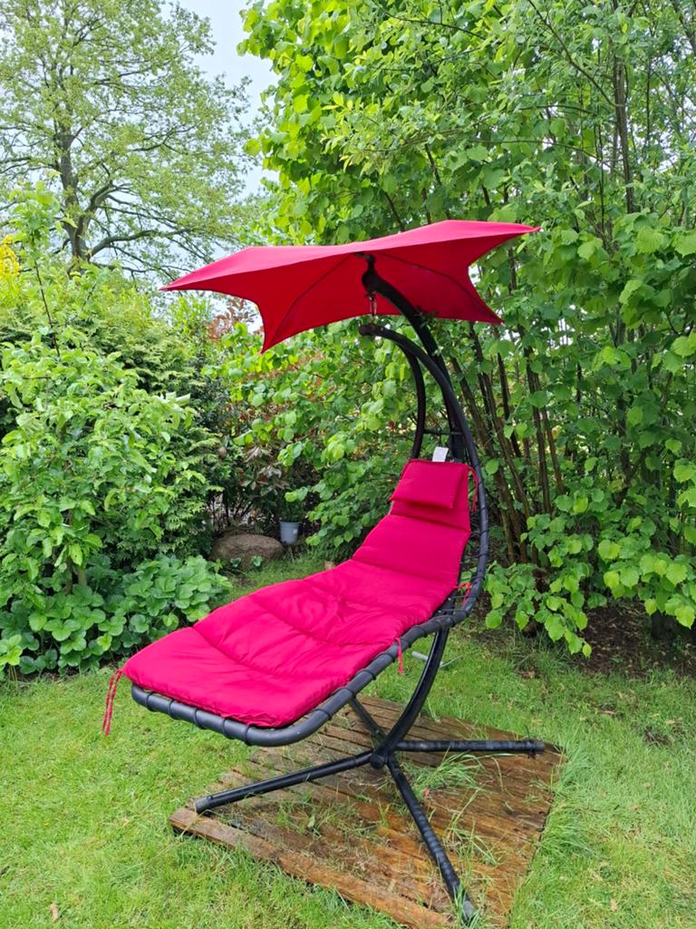 Comfortabele Zweef Ligstoel met Parasol - Rood, Ophalen, Gebruikt