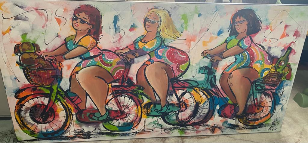 Vrolijk schilderij: Drie dames op de fiets, Ophalen of Verzenden