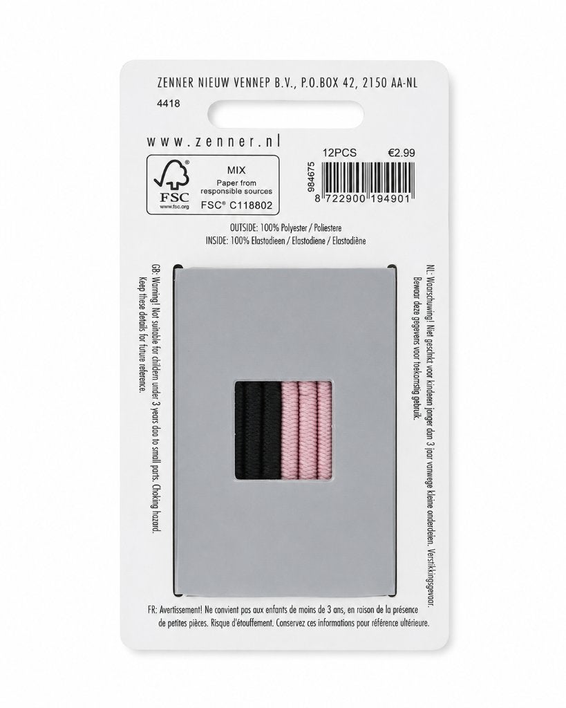 Zenner metal-free haarelastiekjes – roze en zwart – 12 stuks, ., Overige typen, Nieuw, Ophalen of Verzenden