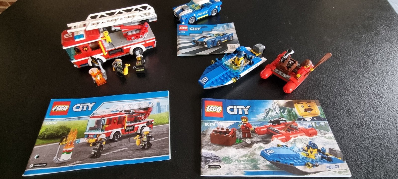 3 LEGO City sets: Brandweerwagen, Politieboot & Politieauto, Lego, Inclusief instructies, Ophalen of Verzenden, Complete set