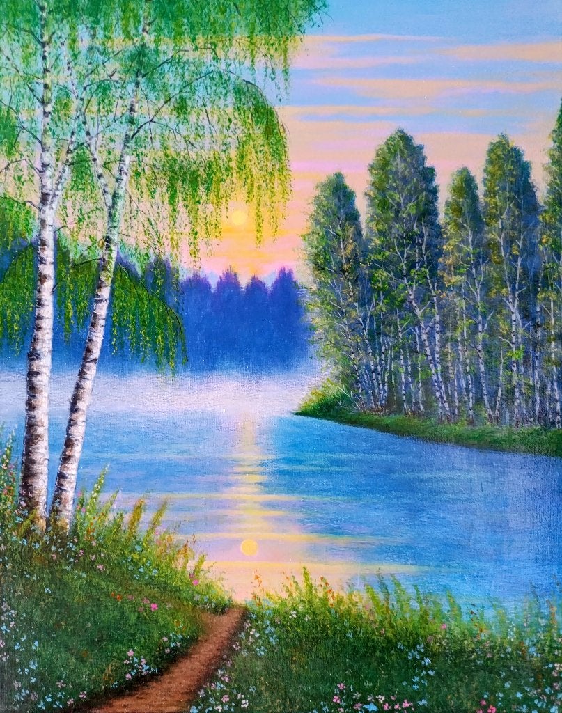 Schilderij: Zonsondergang aan het water met berken, Antiek en Kunst, Landschap, Ophalen of Verzenden, Olieverf, Gelimiteerde oplage
