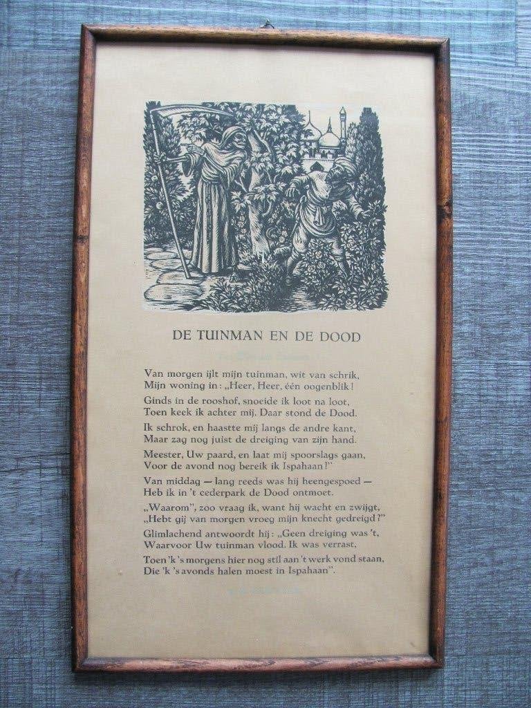 Nico Bulder - houtsnede bij "de tuinman en de dood", Dagelijks leven, Ingelijst, Ophalen of Verzenden, 15 cm