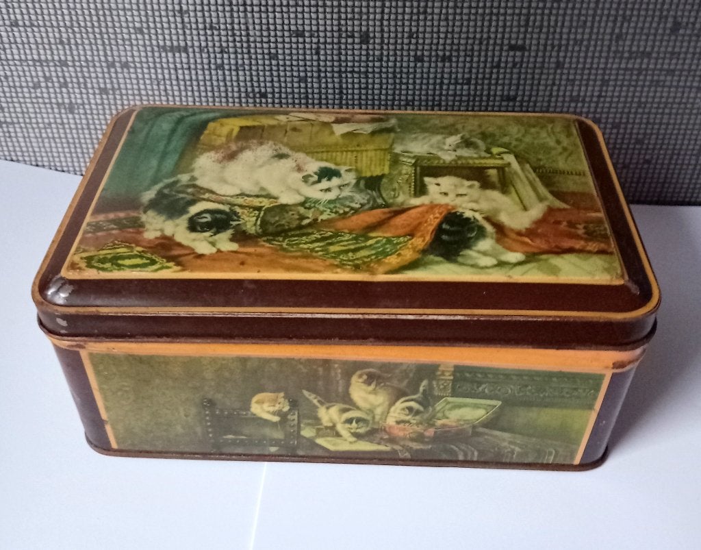 antiek katten blik met spelende poezen, Verzenden, Gebruikt, Overige