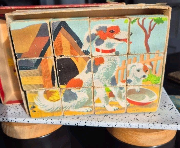 Vintage Kubuspuzzel met Boerderijdieren, Verzamelen, Ophalen of Verzenden, Gebruikt