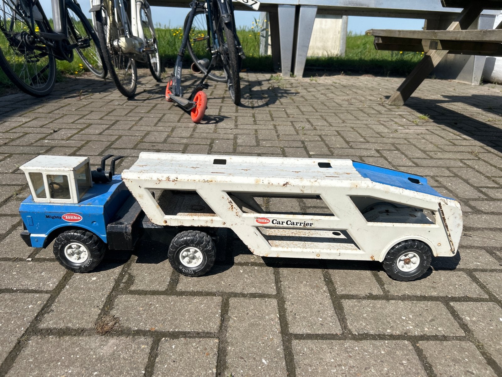 Vintage Tonka Mighty Car Carrier Speelgoed Vrachtwagen, Ophalen of Verzenden, Gebruikt