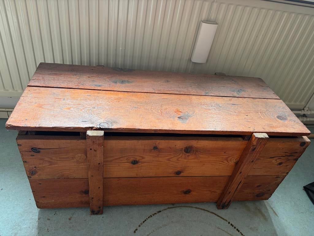 Vintage houten kist met opschrift - Uniek opbergmeubel, Ophalen of Verzenden