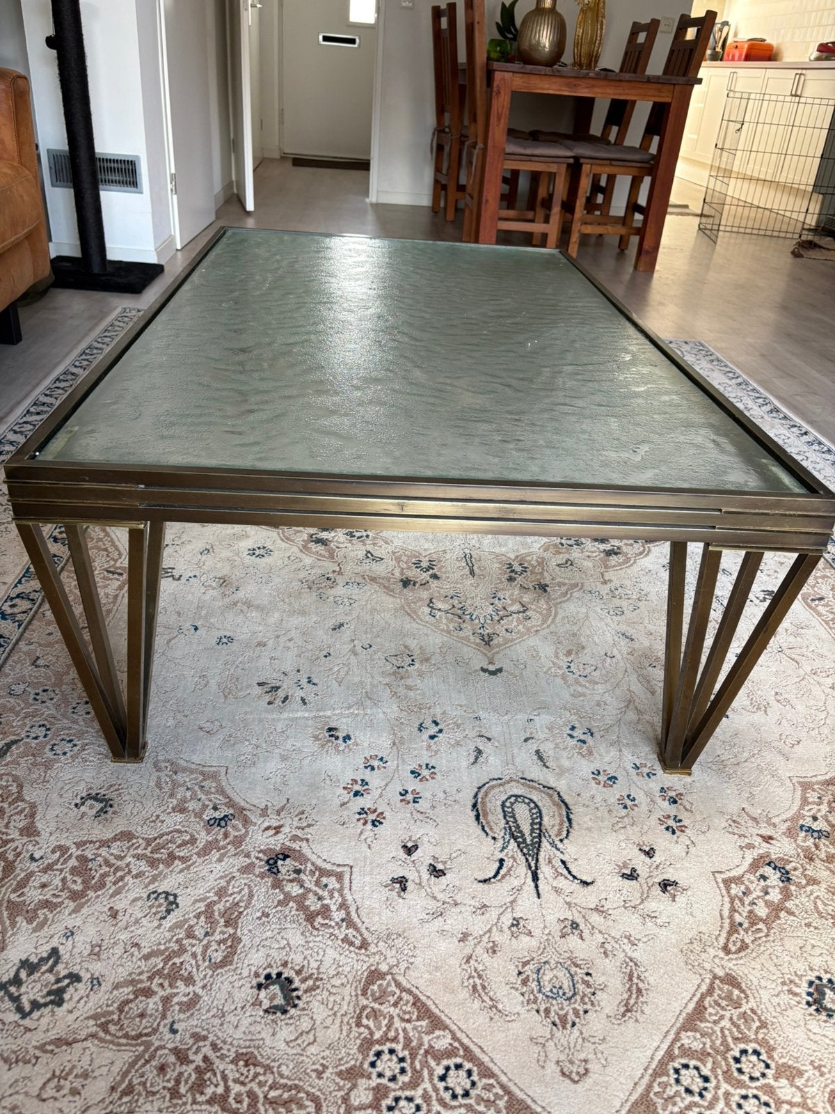 Vintage 1970s Brass and Textured Glass Coffee Table, Huis en Inrichting, Ophalen, Zo goed als nieuw, Rechthoekig, 50 tot 100 cm