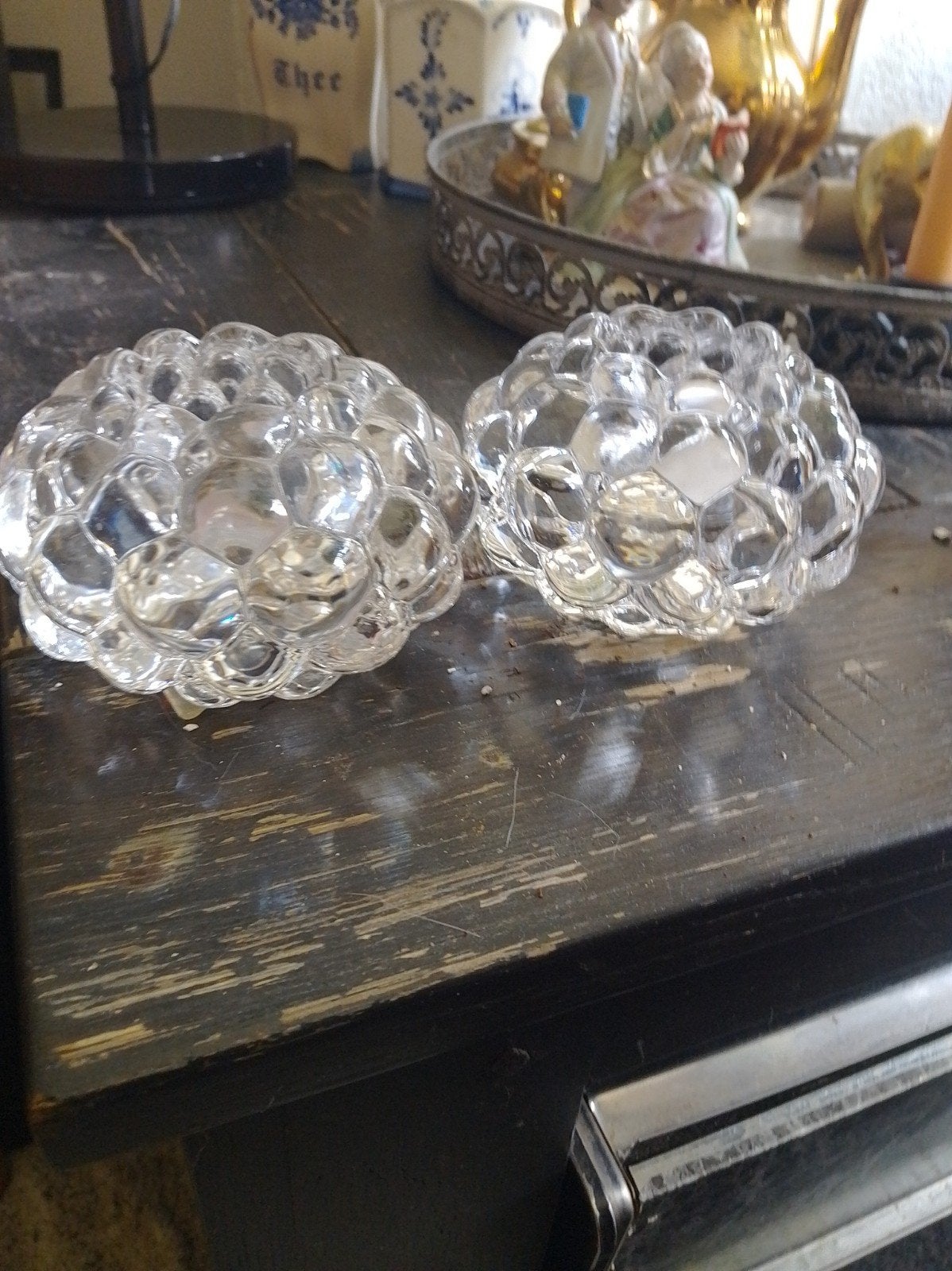 Set van 2 glazen bubbel theelichthouders, Antiek en Kunst, Antiek | Glas en Kristal, Ophalen of Verzenden