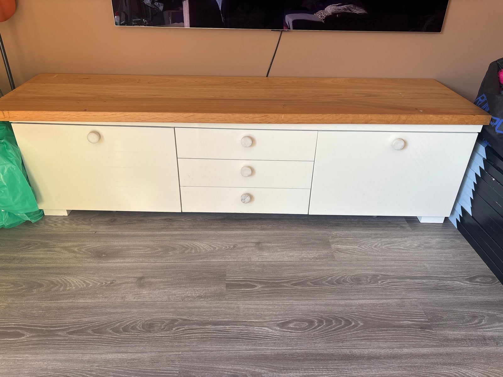 TV-meubel met opbergruimte - Wit met houten blad, Ophalen, Gebruikt, 150 tot 200 cm, Minder dan 100 cm