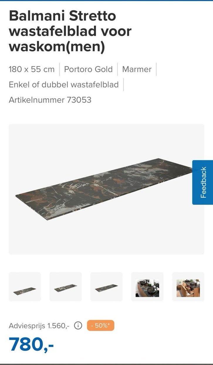 Balmani Stretto wastafelblad Marmer NIEUW IN DOOS, Ophalen, 150 tot 200 cm, Zo goed als nieuw, Minder dan 100 cm