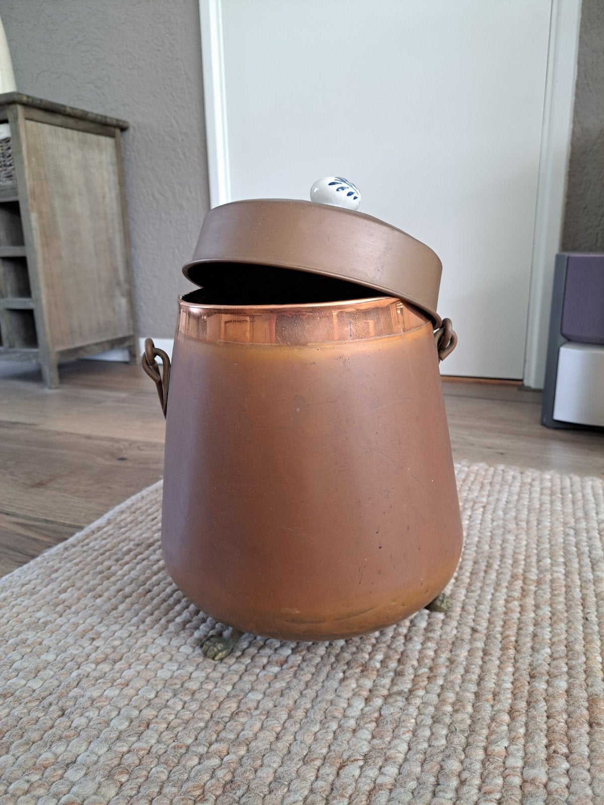 Antieke koperen doofpot met deksel en porseleinen knop, Ophalen of Verzenden, Koper