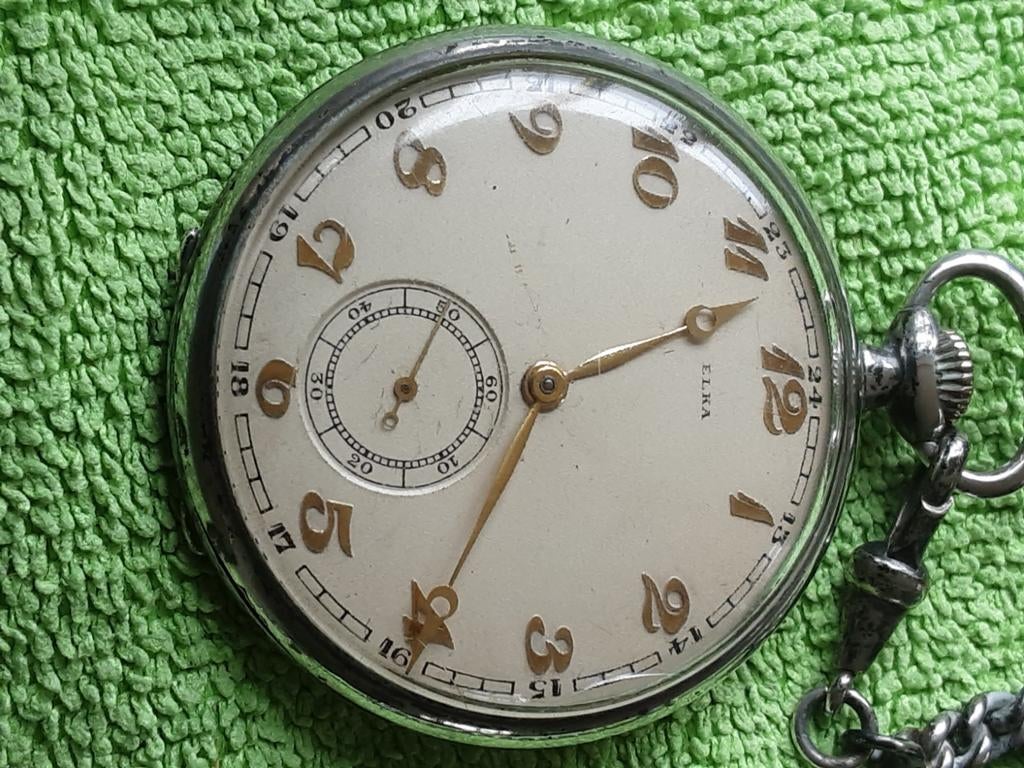 Oud zilveren Moeris Grand Prix zakhorloge met ketting, Overige merken, Zakhorloge, 1900 tot 1930, Ophalen of Verzenden