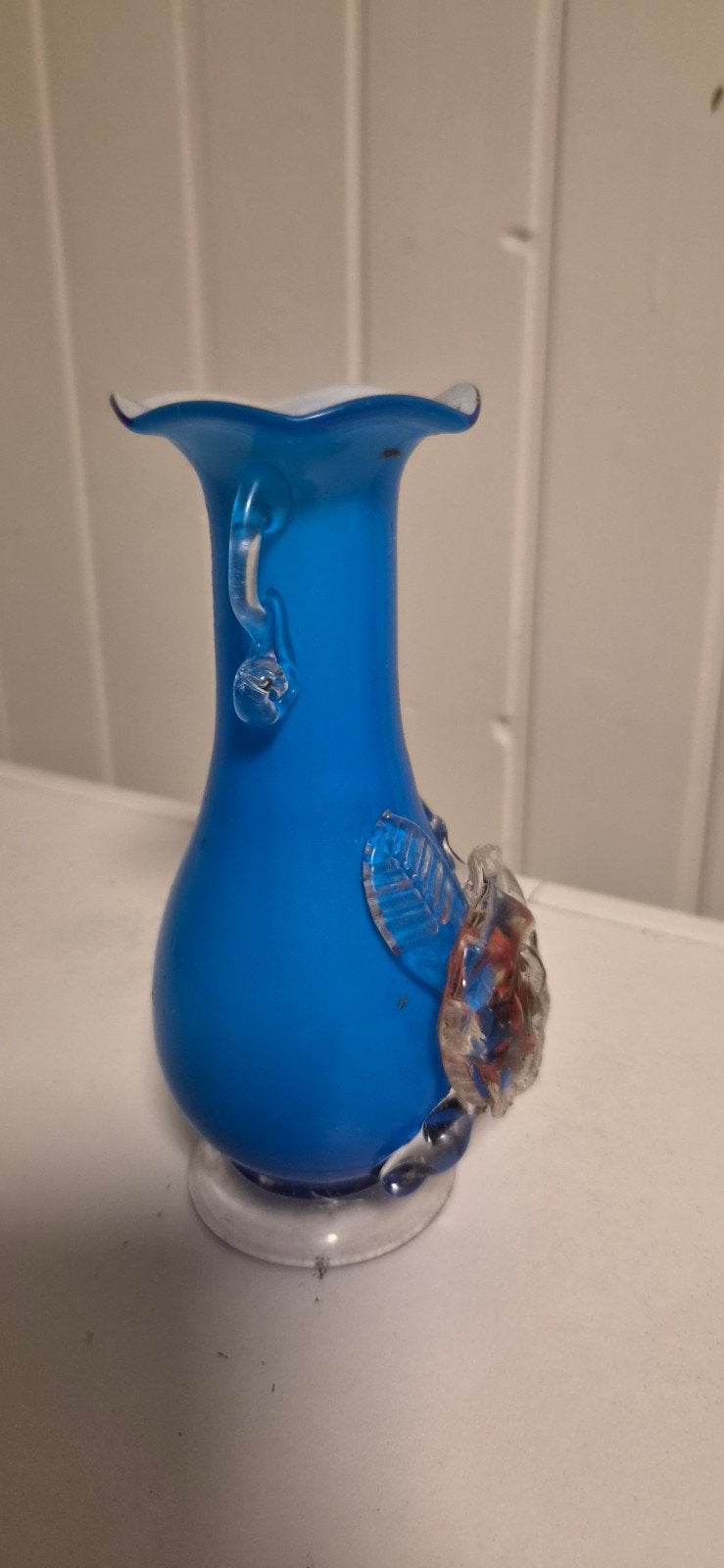 Vintage kobaltblauwe vaas met glazen bloemdecoratie, Ophalen of Verzenden