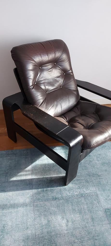 Vintage jaren 60/70 leren fauteuil, Ophalen, Gebruikt, Leer, 50 tot 75 cm