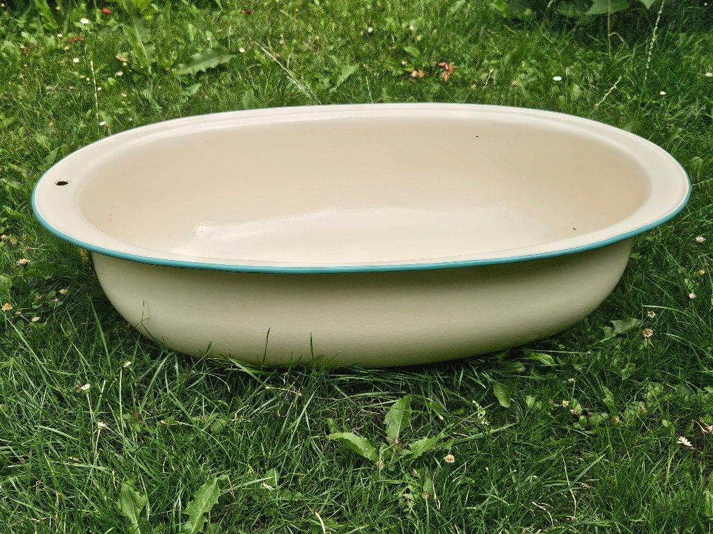 Vintage emaille babybadje beige groen, Antiek en Kunst, Ophalen
