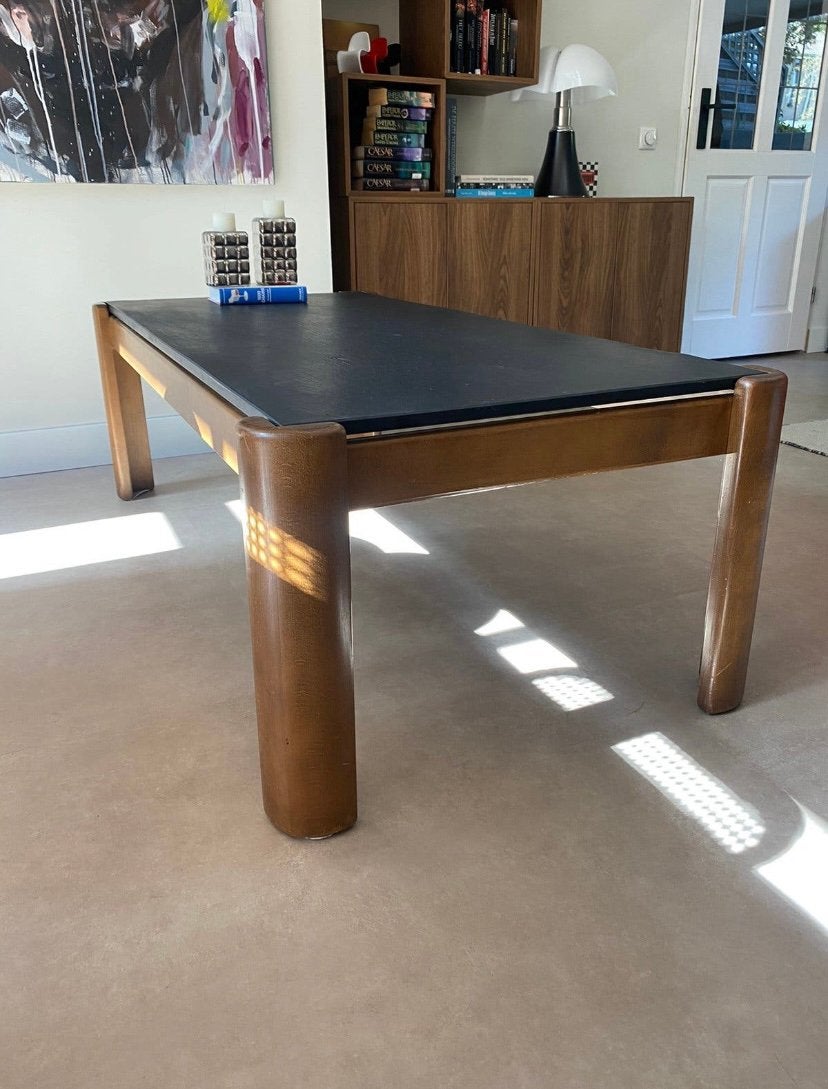 Vintage brutalist salontafel met leisteen | jaren 70, Ophalen, 100 tot 150 cm, 50 tot 100 cm, Zo goed als nieuw
