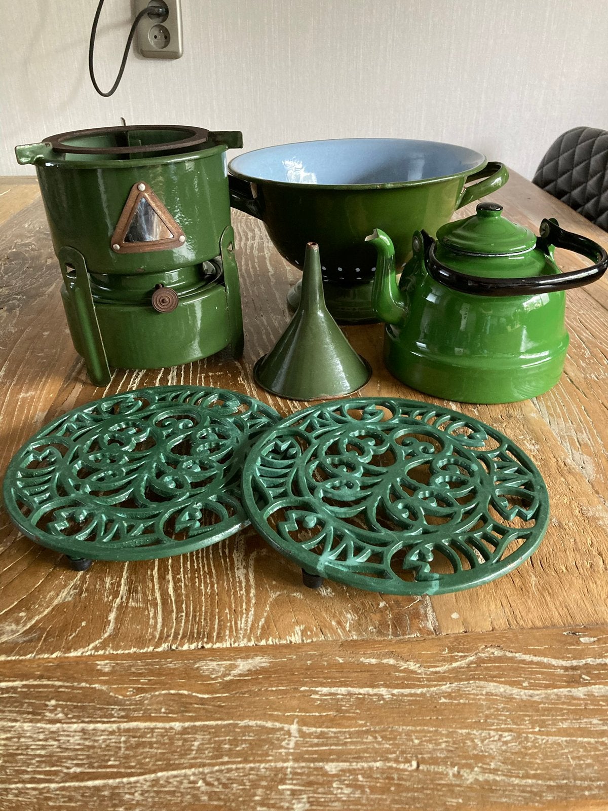 Vintage Groen Emaille Keukenset - 6 delen., Ophalen of Verzenden