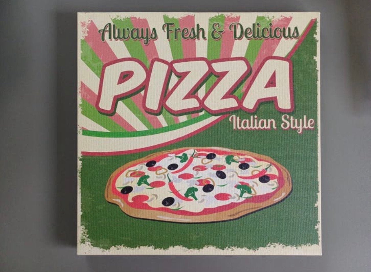 Pizza Wanddecoratie - Italian Style Canvas - 29x29 cm, Schilderij, Meerkleurig, Textiel, Ophalen of Verzenden