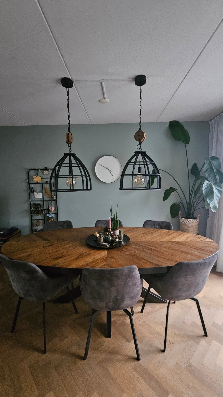 *als nieuw* 2 industriële zwart metalen lampen m katrol 48cm, Ophalen, E27 (groot), Zo goed als nieuw, Industrieel