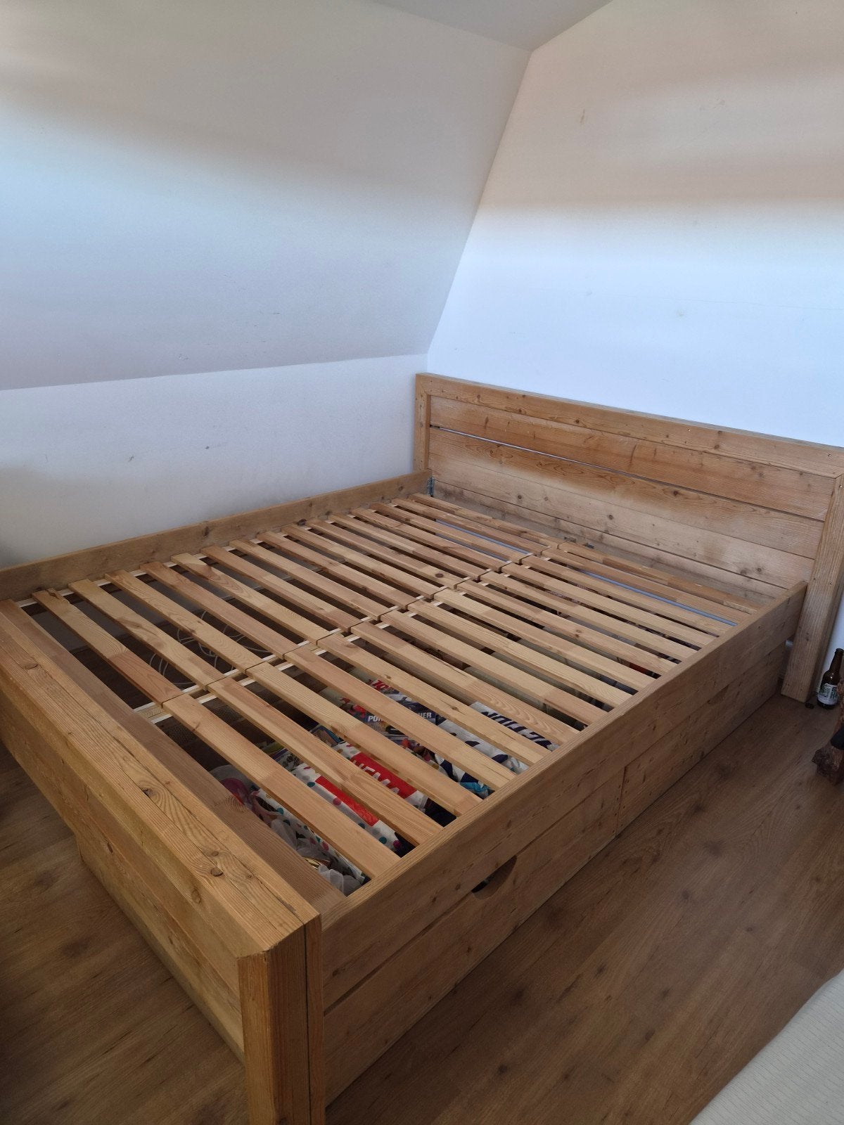 180x220cm Bed van hout met 2 opberglades, Ophalen, Bruin, Rustiek, Tweepersoons