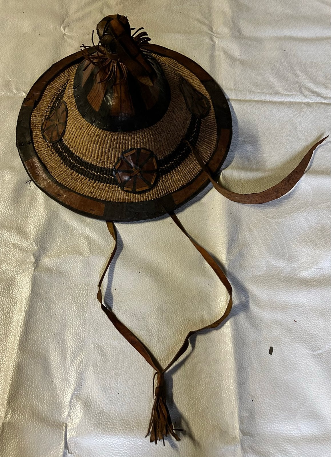 Vintage Afrikaanse Futani hoed met lederen details, Ophalen of Verzenden