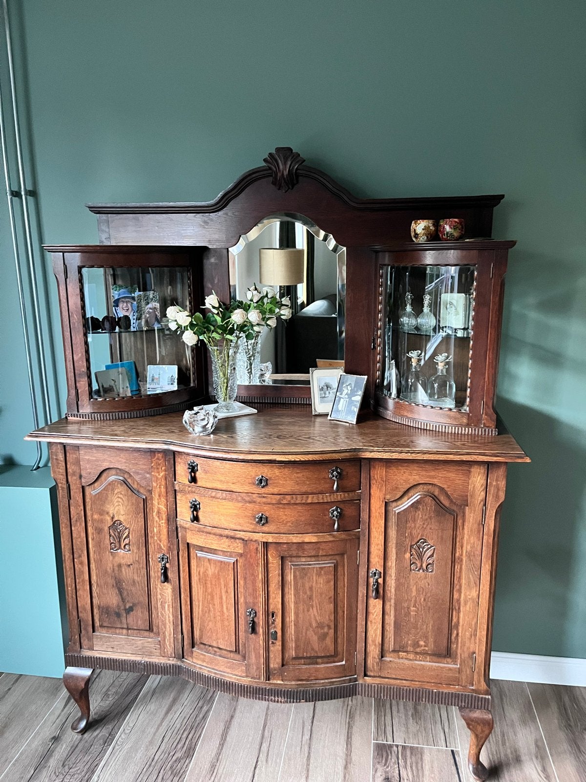Antiek Eiken Dressoir met Vitrinekasten en Spiegel, Antiek en Kunst, Ophalen