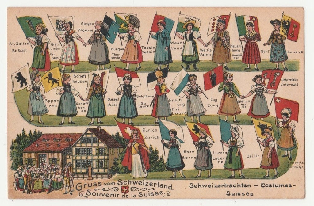 Zwitserse klederdrachten en vlaggen., Verzenden, Voor 1920, Ongelopen, Sterren en Beroemdheden
