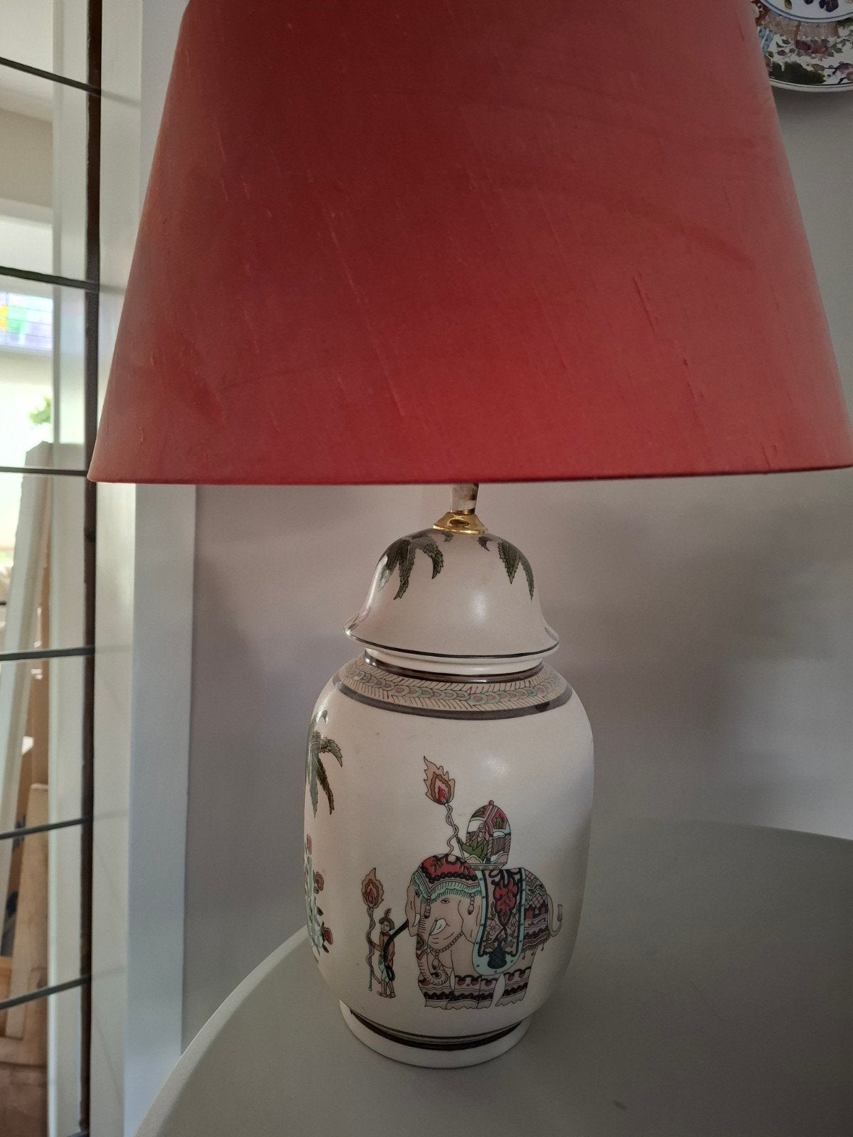 Oosterse vintage Tafellamp met Olifant en Palmboom Decoratie, Ophalen, Gebruikt, Overige merken, Textiel
