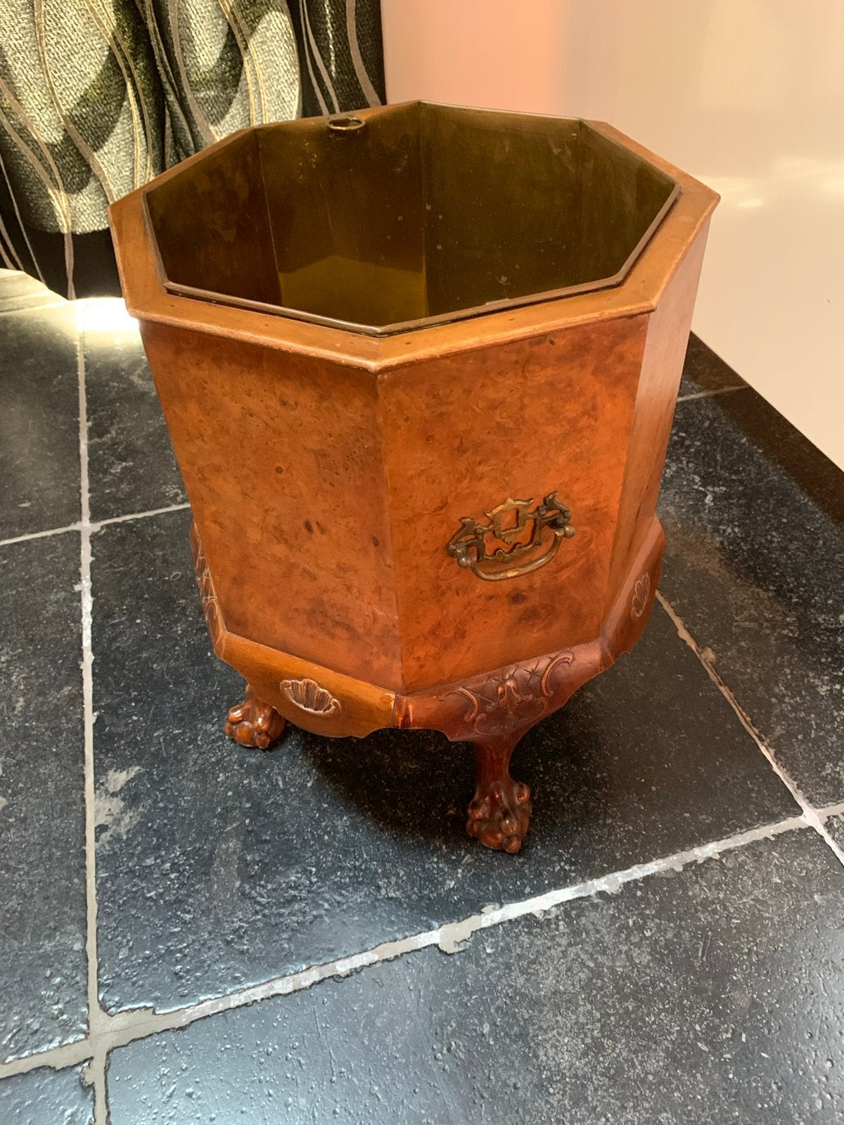 Antieke houten plantenbak met koperen binnenkant, Ophalen