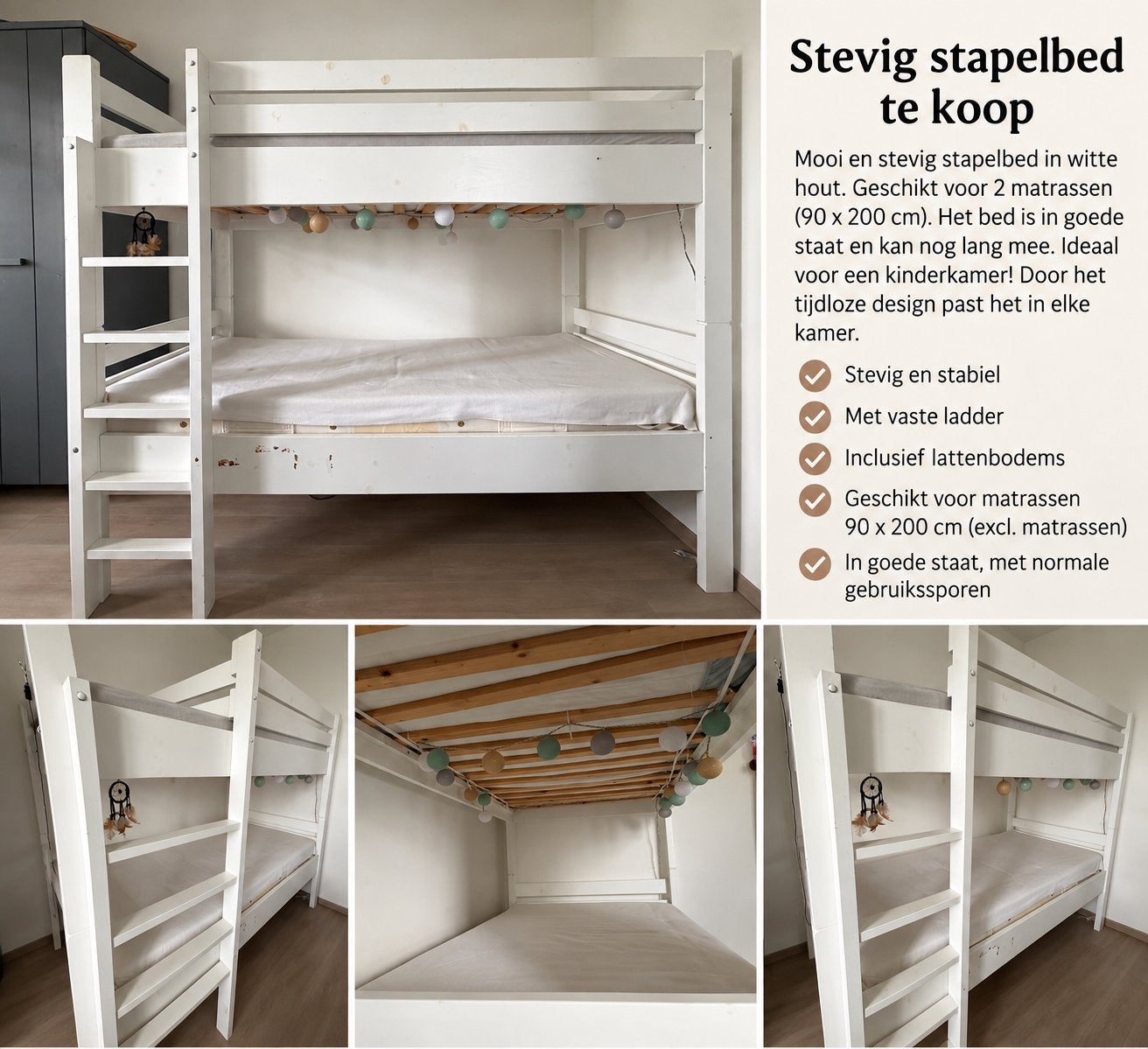 Stevig wit stapelbed met ladder, Ophalen, Gebruikt, 90 cm, Eenpersoons