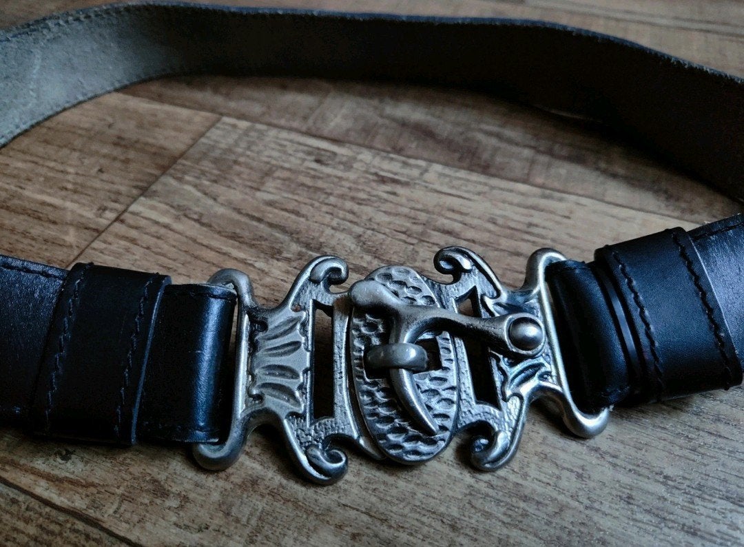 Vintage '70s leren riem met J.S.S. Elche gesp, 80 tot 90 cm, Heupriem, Ophalen of Verzenden, 3 tot 5 cm