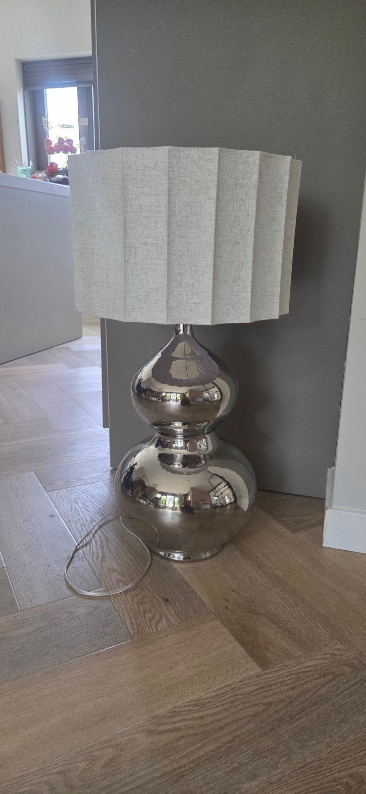 supergrote tafellamp chroom met Nous lampenkap, Ophalen, E27 (groot), Zilver, Glas