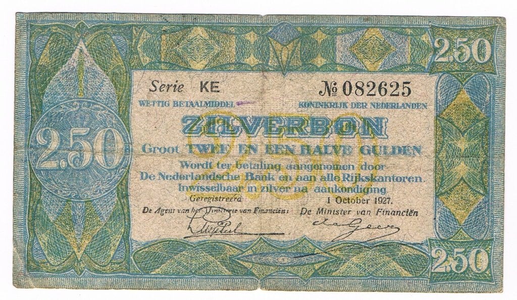 2 1/2 gulden zilverbon 1 oktober 1927, Verzenden, 2½ gulden, Los biljet