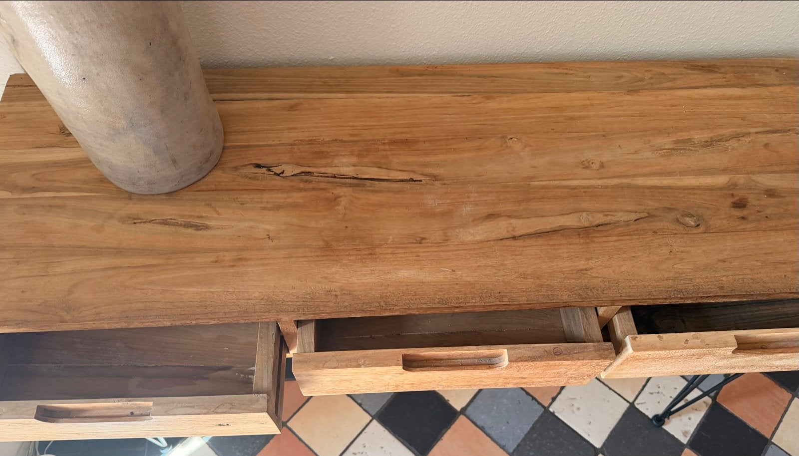 Houten sidetable met 3 lades en metalen hairpin poten, Ophalen, Gebruikt, 100 tot 150 cm, Overige houtsoorten