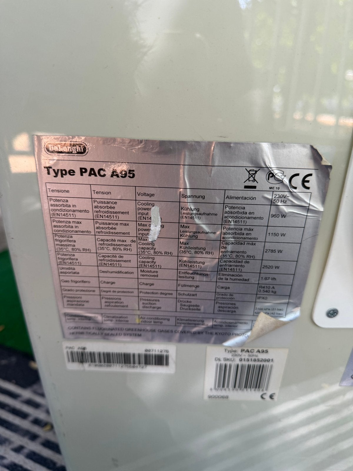 Delonghi Mobiele Airco PAC A95 - Koelen en Ontvochtigen, Gebruikt, Minder dan 60 m³, 3 snelheden of meer, Ophalen of Verzenden