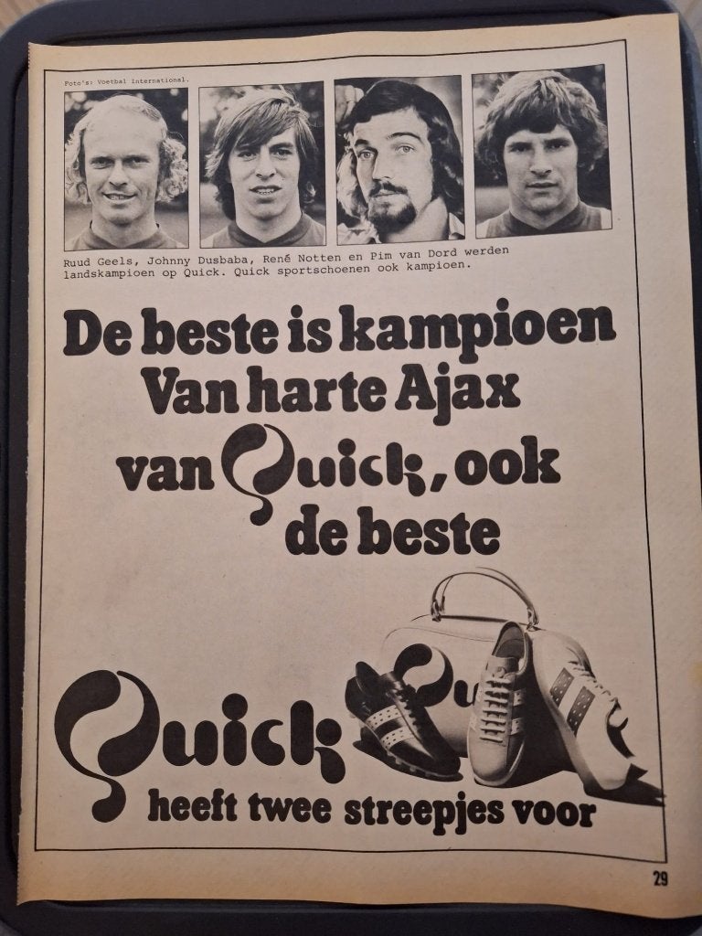 Oude vintage reclame - Quick feliciteert kampioen Ajax, Ophalen of Verzenden, Gebruikt, Ajax, Poster, Plaatje of Sticker