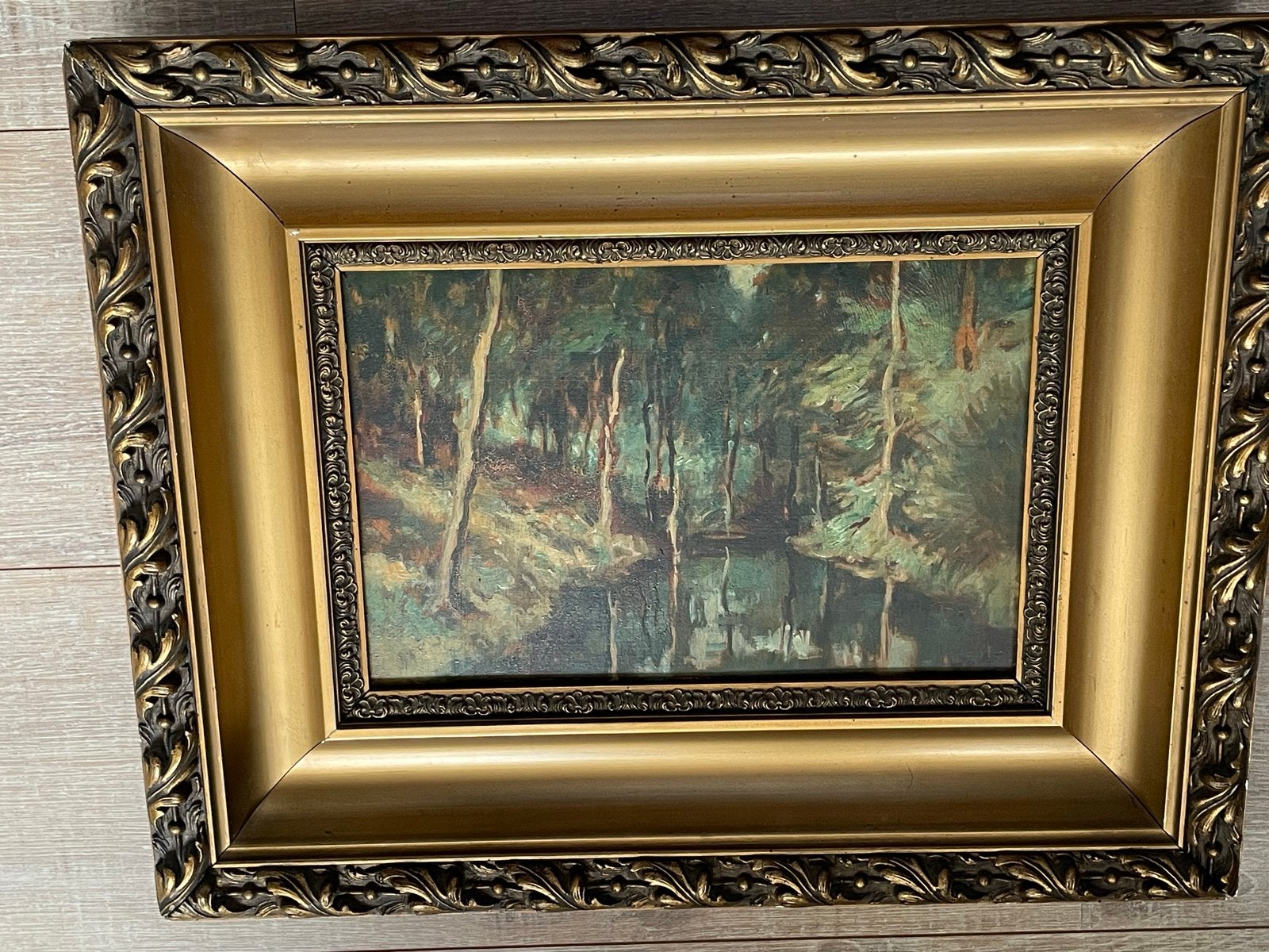 Olieverfschilderij Boslandschap met Water en Gouden Lijst, Doek, Ophalen of Verzenden, Landschap, Olieverf