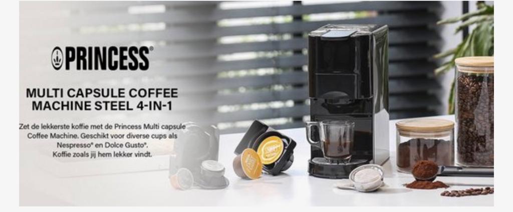 Princess Multi Capsule Koffiemachine Steel 4-in-1, Ophalen, Afneembaar waterreservoir, Gemalen koffie, 2 tot 4 kopjes