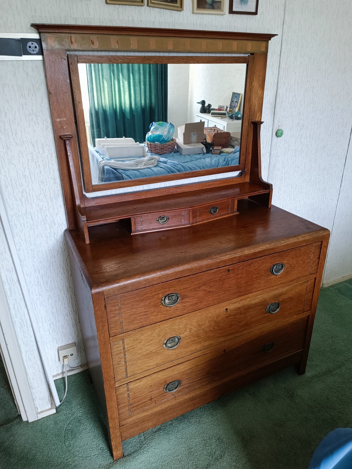 Antieke Eiken Commode met Spiegel, Ophalen, Rechthoekig, 100 tot 150 cm, 150 tot 200 cm