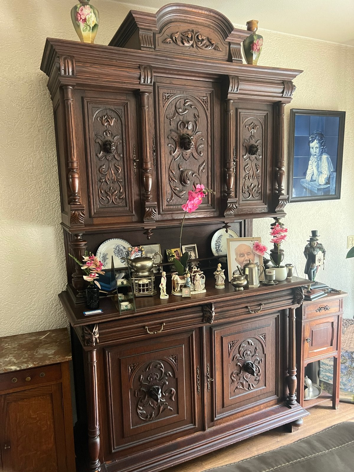 Antiek Eiken Dressoir met Bovenkast - Rijkelijk Gesneden, Ophalen