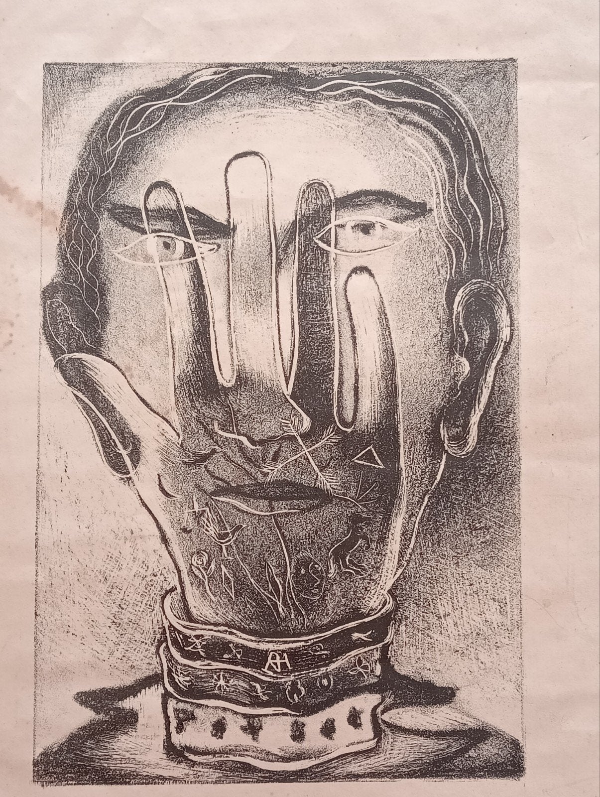 Ets litho Surrealisme Gesigneerd met tekst plus monogram, Ophalen of Verzenden
