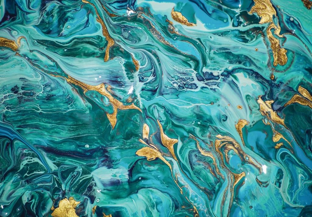 Turquoise marmer fotobehang met goud, Fotobehang4you, Verzenden, Minder dan 10 m², Marmer, Turquoise