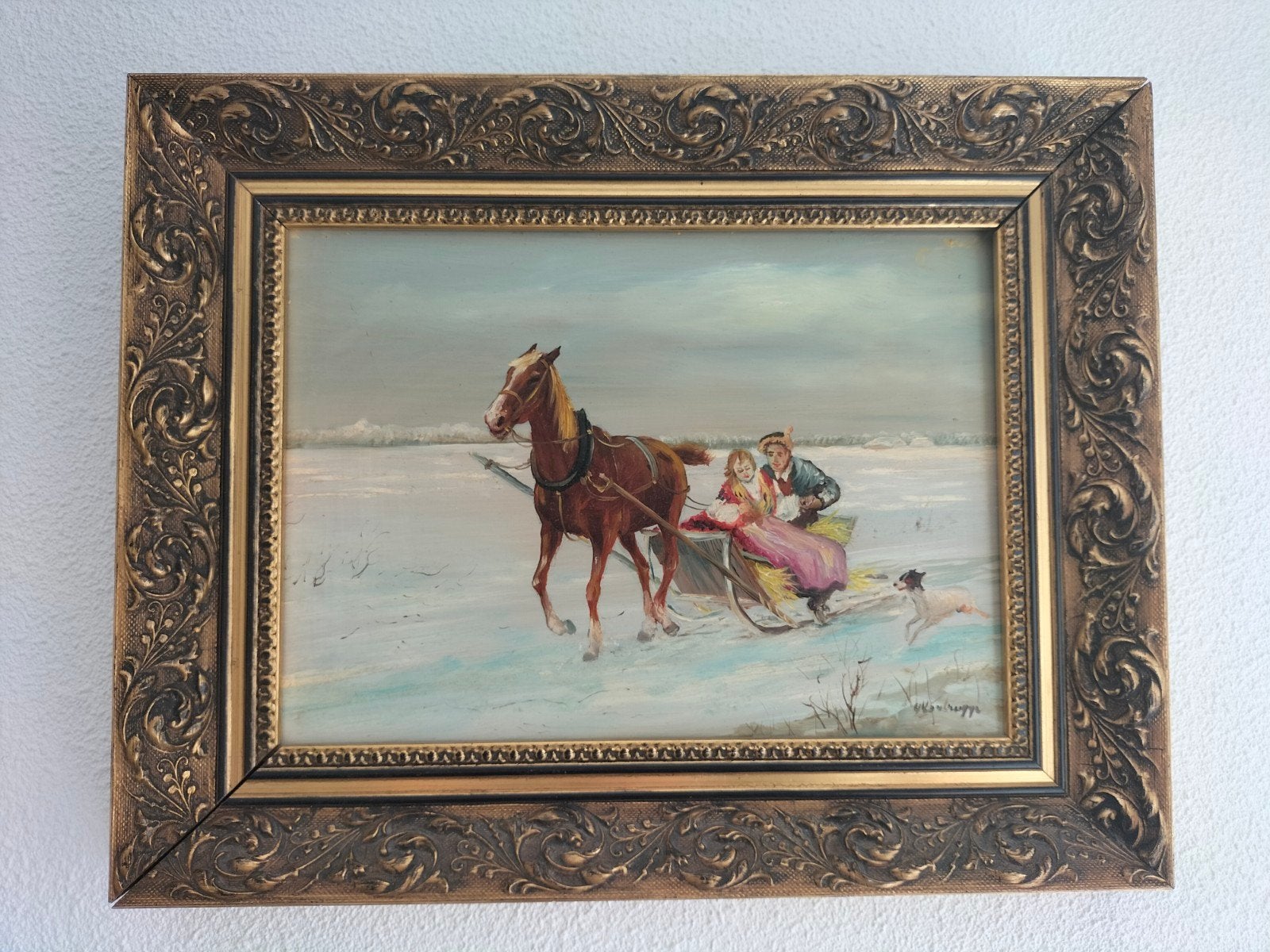 Sfeervol winters tafereel met paard en slee - Olieverf, Doek, Ophalen of Verzenden, Landschap, Olieverf