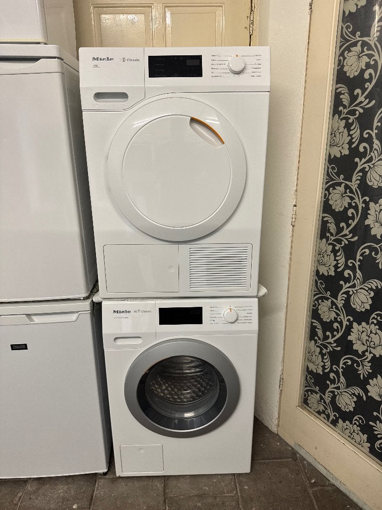 Miele Setje 8KG Wasmachine + 7KG Warmtepompdroger, 6 tot 8 kg, Ophalen, Gebruikt, Minder dan 85 cm