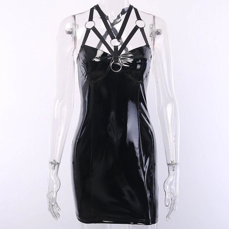 Zwarte wetlook jurk met banden gothic kort lak leer 34 36 38, Kleding | Dames, Maat 38/40 (M), Verzenden, Zwart, Nieuw