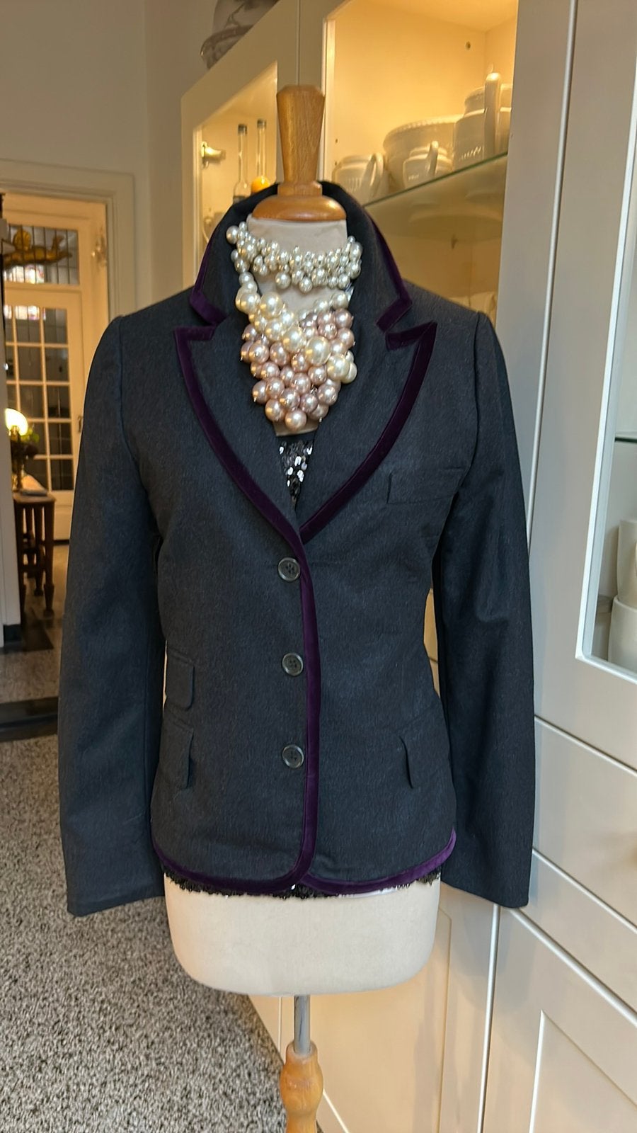 Antraciet flannel colbert SCAPA, paarse fluwelen biezen mt S, Nieuw, Ophalen of Verzenden, Jasje, Maat 36 (S)