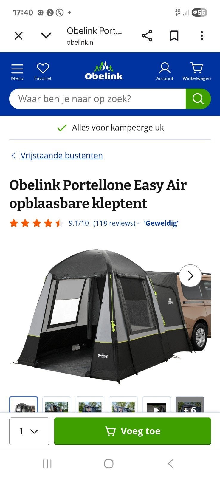 obelink kleptent/opblaasbaar tent. portellone easy air, Ophalen, Tot en met 4